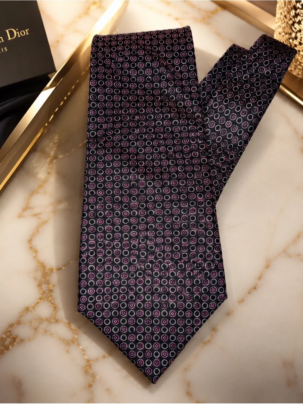 Vintage Christian Dior Silk Tie Burgundy Black Geometric